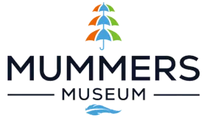 Mummers Museum logo with colorful feathered headdress above black text on a white background