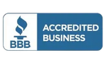 BBB Accredited Business logo with blue icon and text on a white and blue background