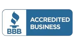 BBB Accredited Business logo with blue icon and text on a white and blue background