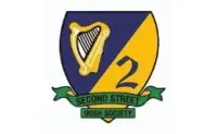Second Street Irish Society crest with blue and gold shield, harp, number 2, and green ribbon text