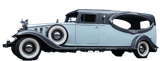 Vintage light blue classic car with black roof and whitewall tires, shown in side view.