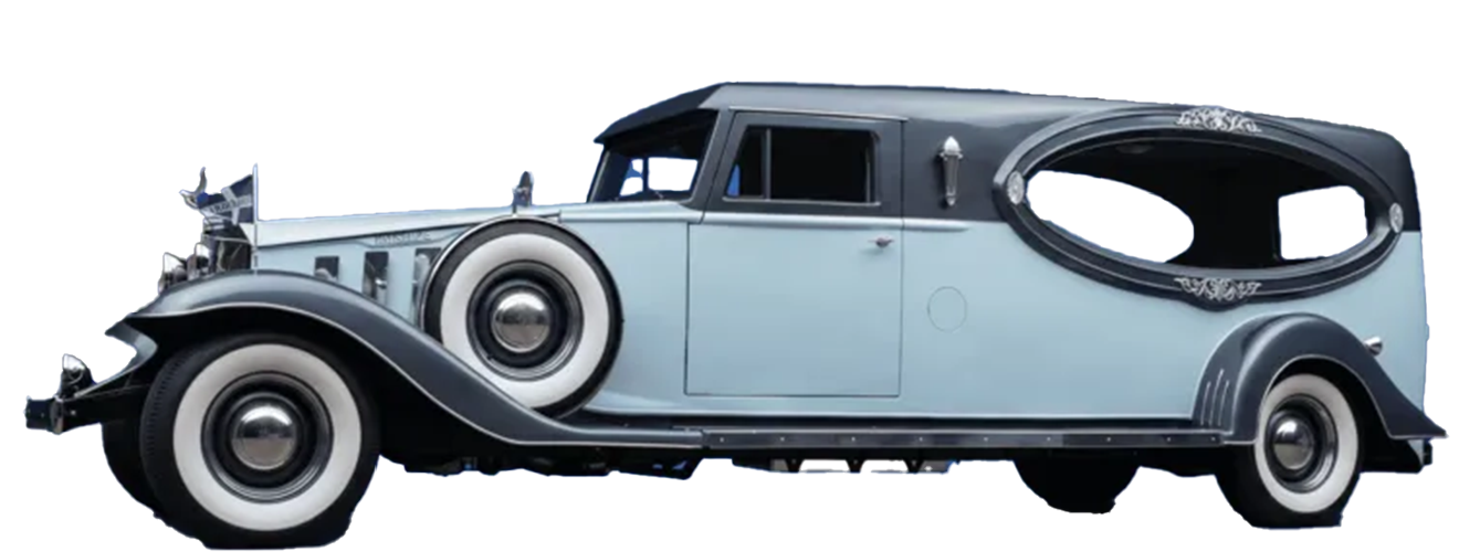 Vintage light blue classic car with black roof and whitewall tires, shown in side view.