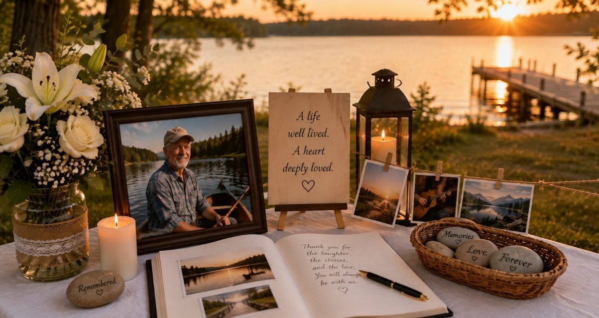 Peaceful outdoor memorial gathering near a lake at a Philadelphia, PA funeral home.