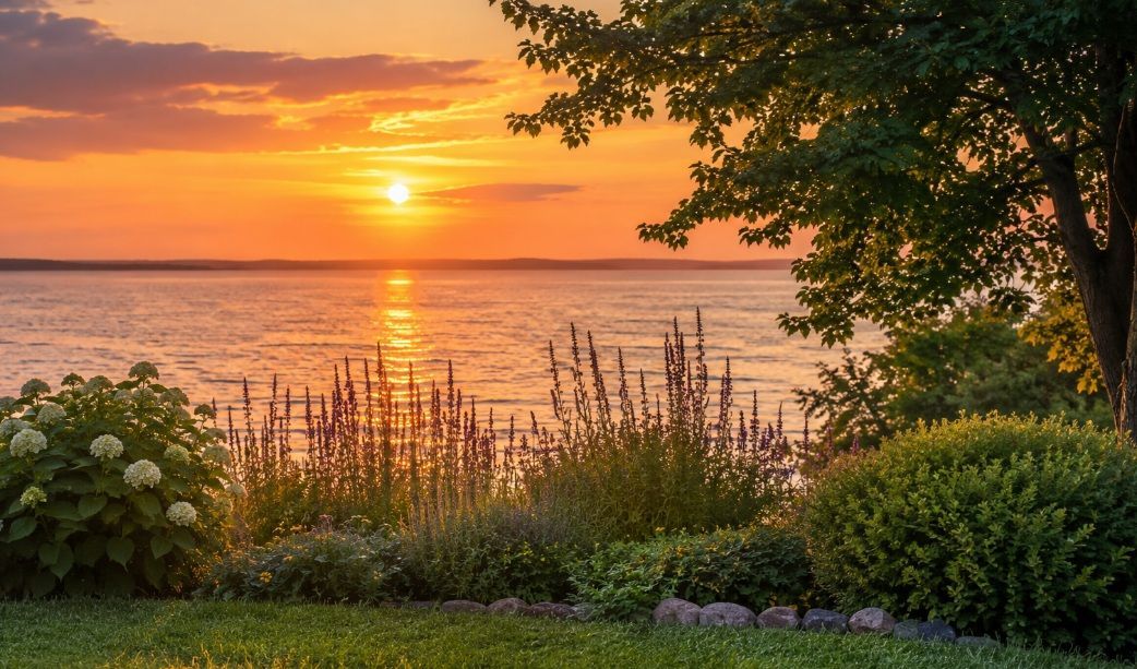 lakeside garden with calm water, blooming flowers, and a large tree for Philadelphia, PA cremations