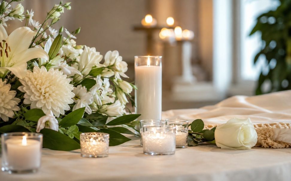 Philadelphia, PA cremations with traditional funeral flowers and candles creating a peaceful memoria