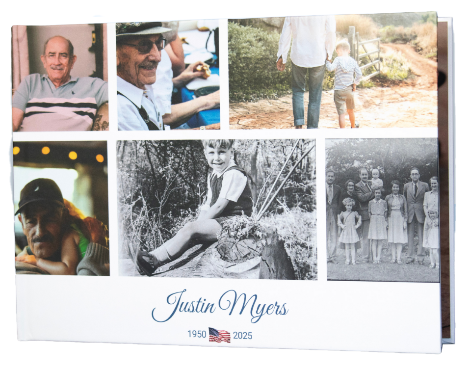 Collage of six family photos with the name “Justin Myers” and a 2025 emblem at the bottom