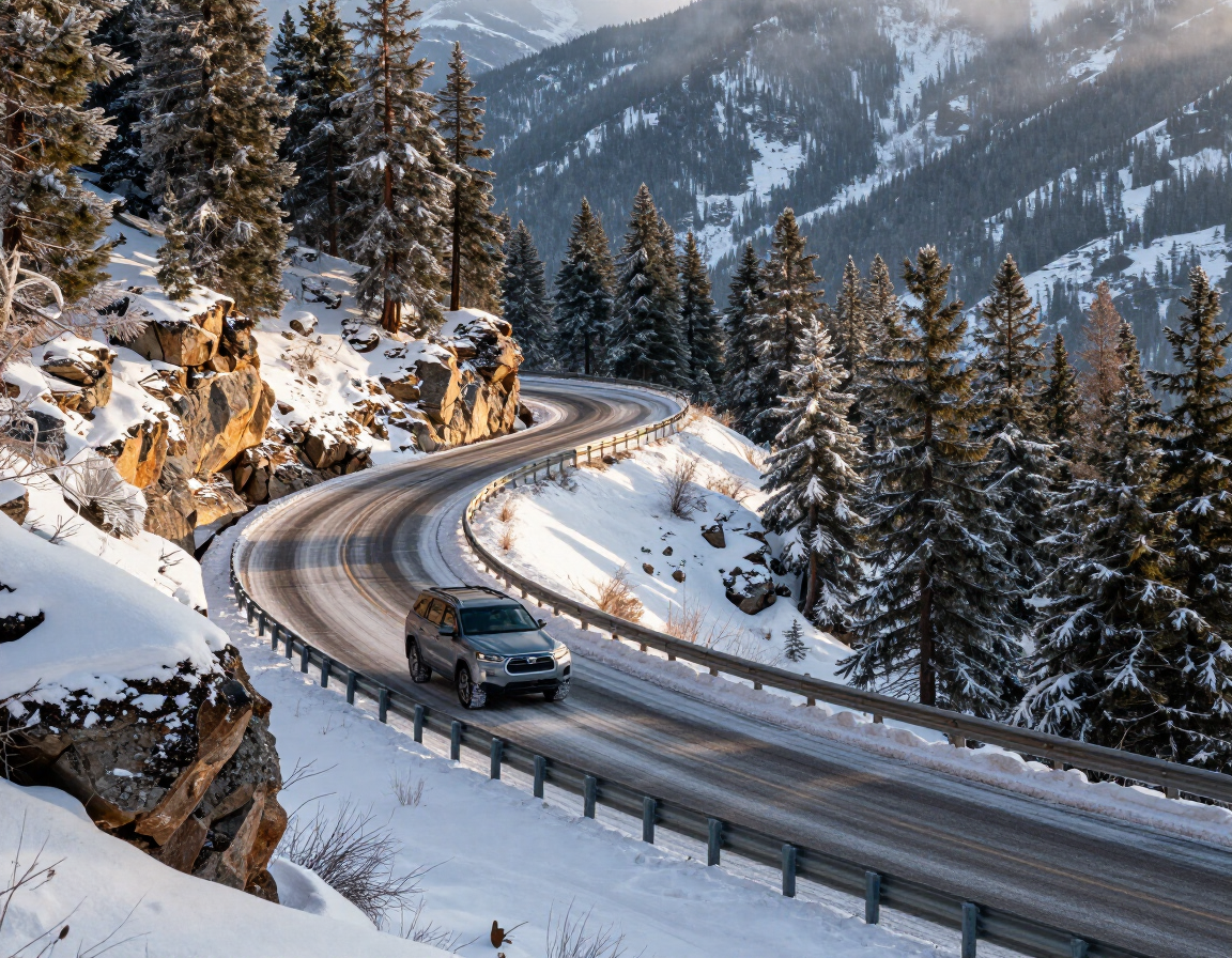 Vehicle descending a snowy Gunnison Valley mountain road