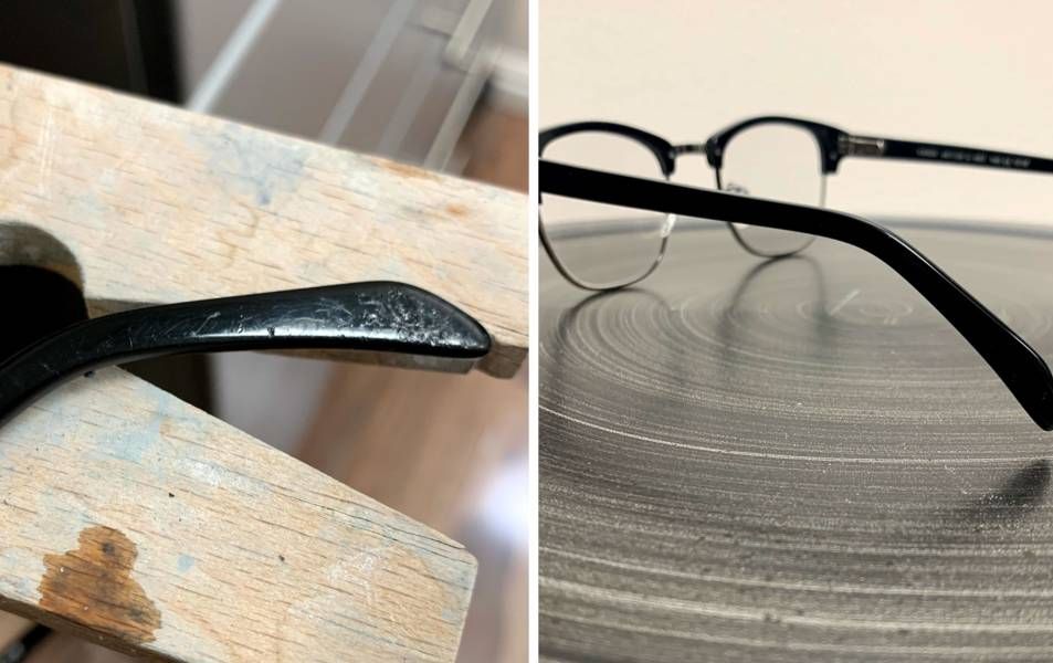 Bent black eyeglass temple arm bent upward on a wooden surface, shown from two angles.