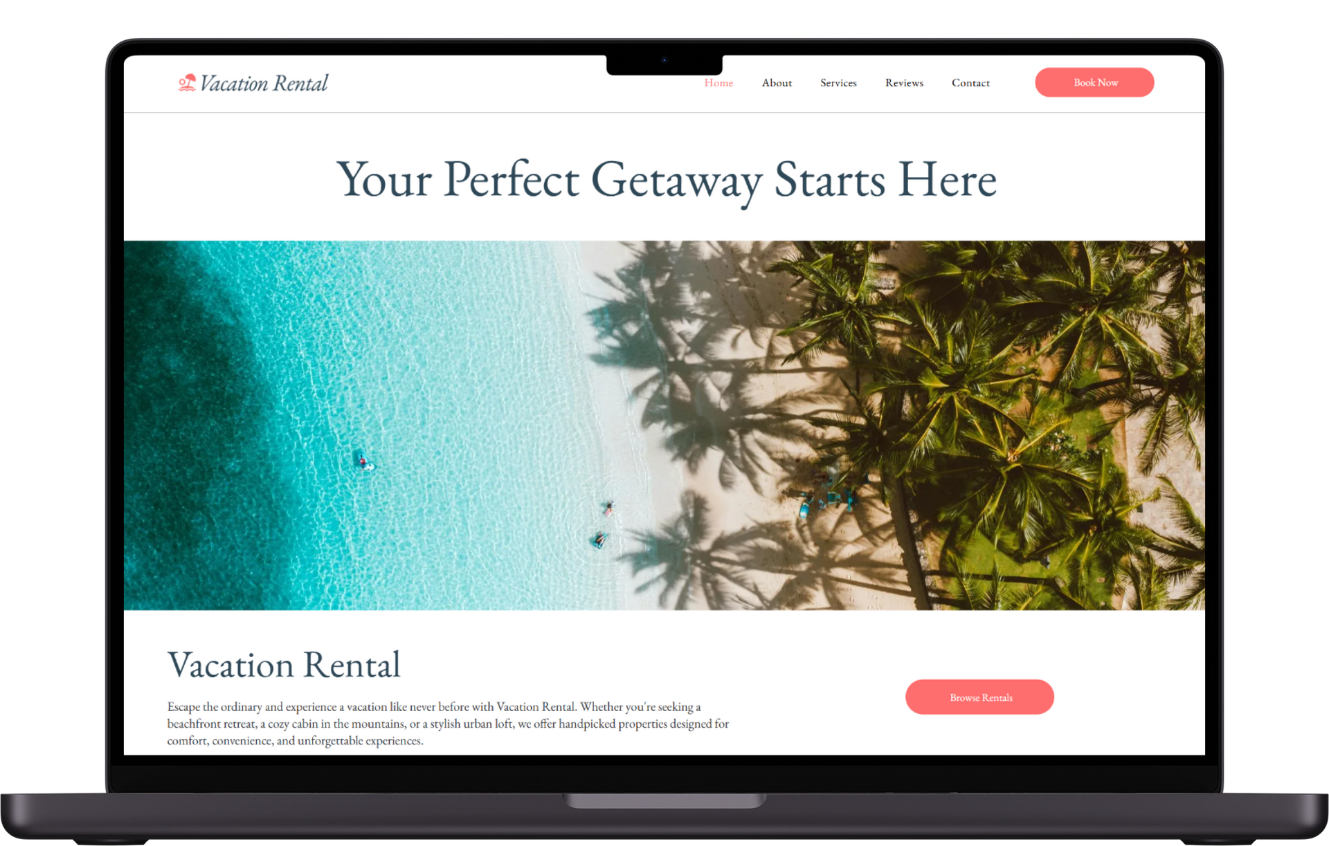 A laptop displaying a travel website with a tropical beach image and the headline, 