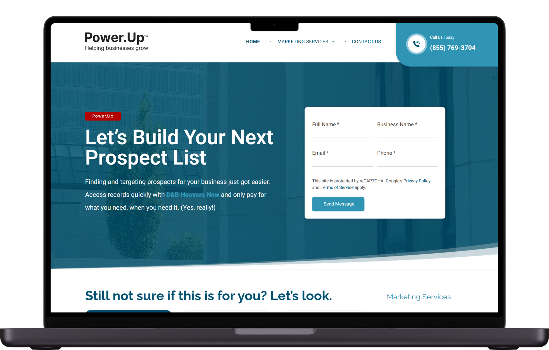 A laptop screen displaying the Power.Up website, featuring a lead generation form and a call to build a prospect list.
