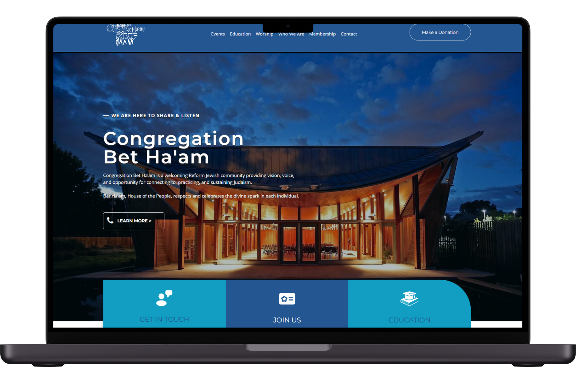A laptop displays the website for Congregation Bet Ha'am, featuring a photo of their modern synagogue at twilight.