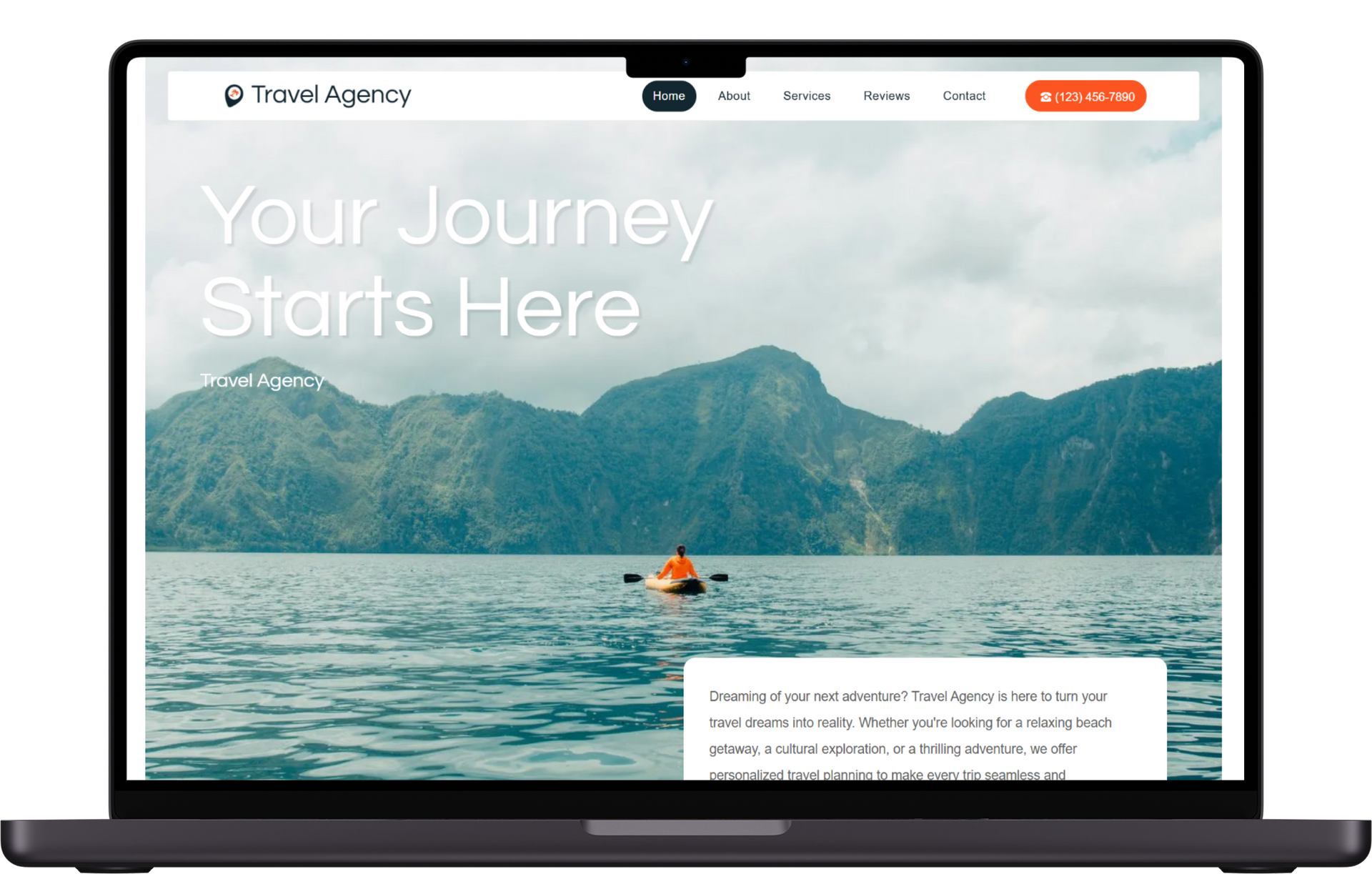 A laptop displaying a travel agency website with a large hero image of a person kayaking on a lake before mountains.