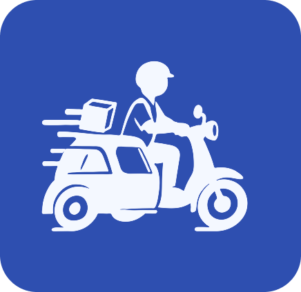 White icon of a person riding a three-wheeled delivery scooter with a package on the back, on a blue square background.
