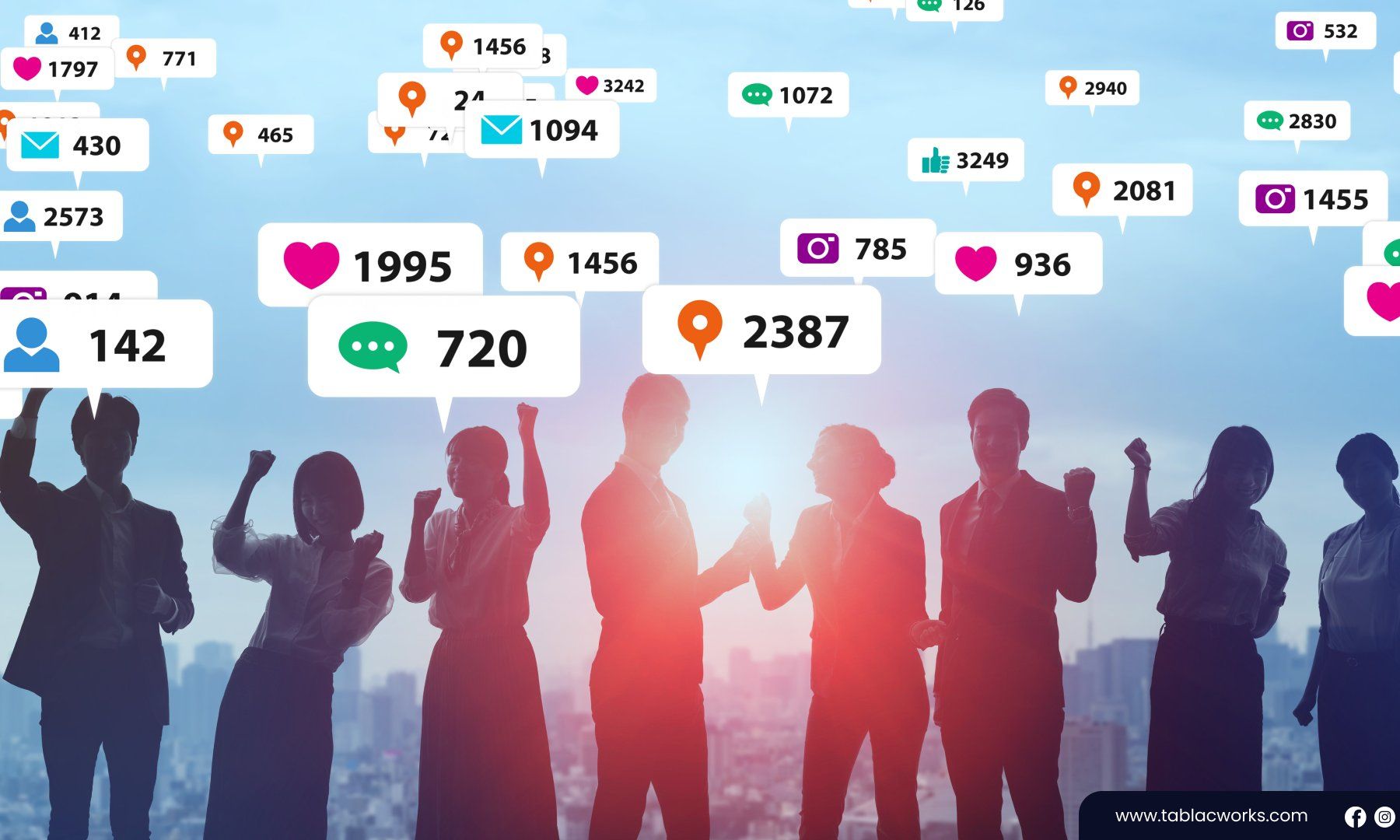 A group of people standing next to each other with speech bubbles surrounding them.