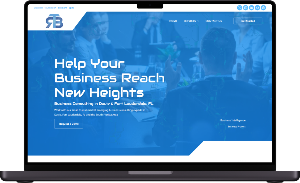 A laptop screen displaying a blue-themed business website titled 