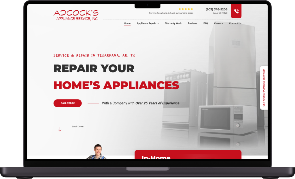 Laptop screen displaying the homepage for Adcock's Appliance Service, featuring a call-to-action to repair appliances.