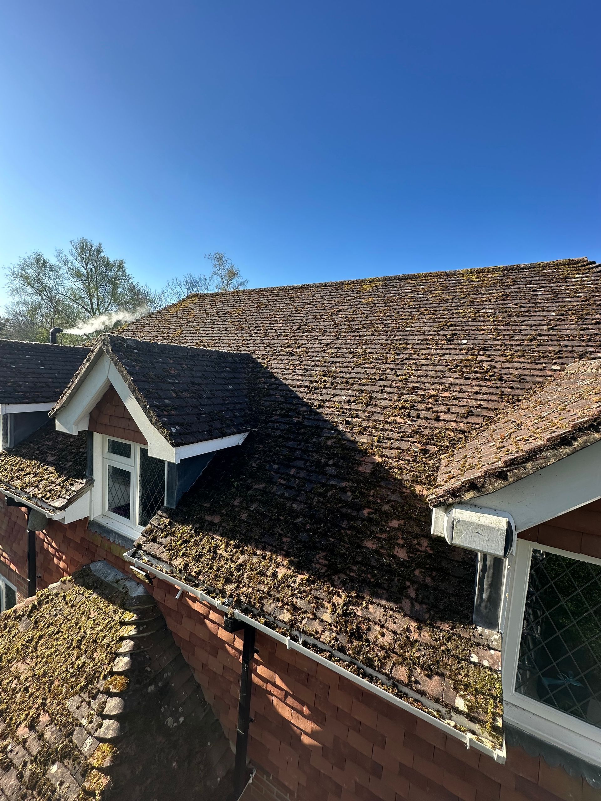 A man is cleaning solar panels on the roof of a house.