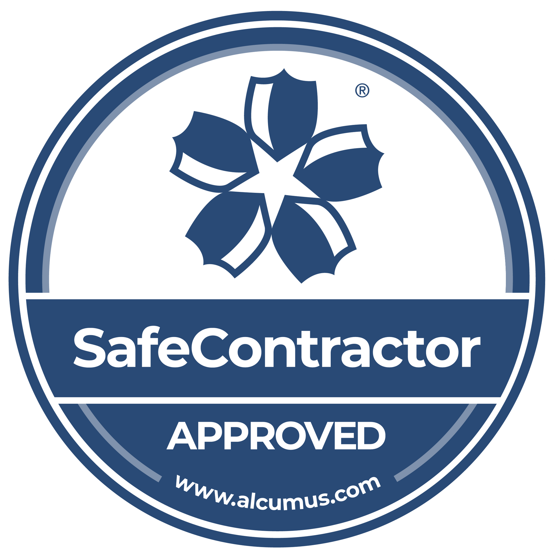 A blue circle with a flower on it that says safe contractor approved.