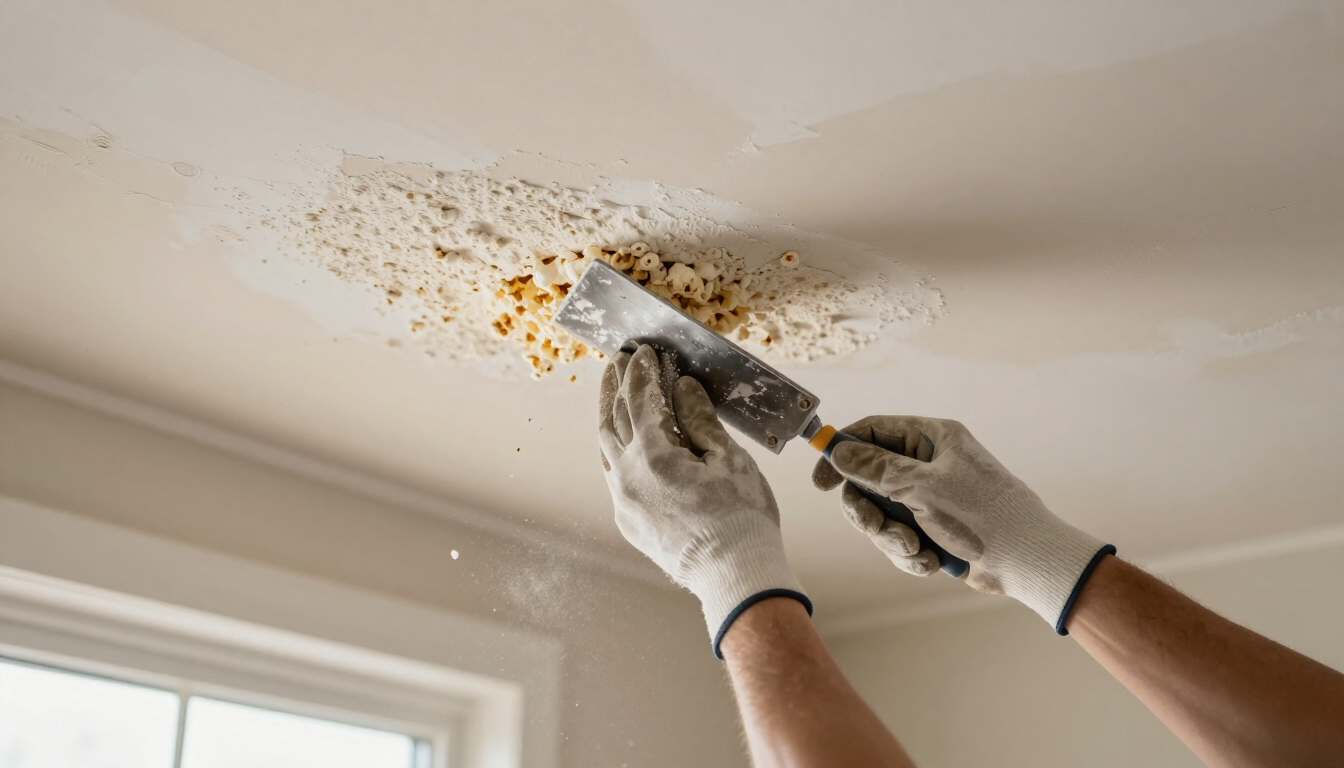 Person scraping peeling paint from a stained ceiling with a putty knife and scraper