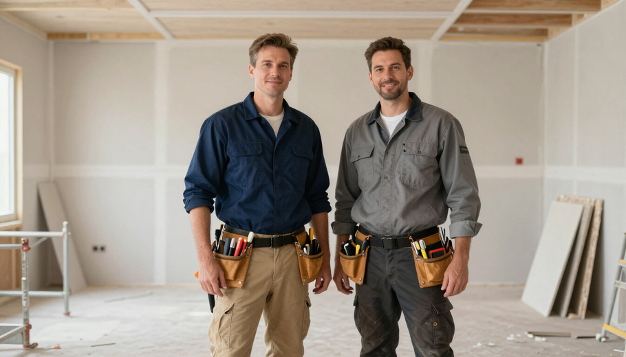 Two workers standing in a renovated room with tools on their tool belts