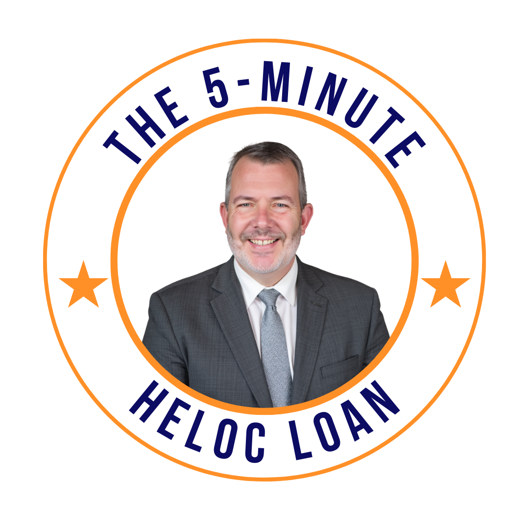 The 5-Minute HELOC Loan logo: smiling man in suit inside a circle with orange stars and text.