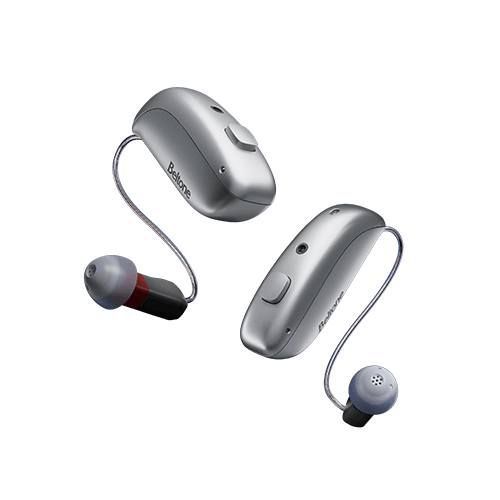 Two Silver Hearing AIDS With Black Ear Tips and Thin Clear Tubes — Local Hearing Aid Specialists in Wallsend, NSW