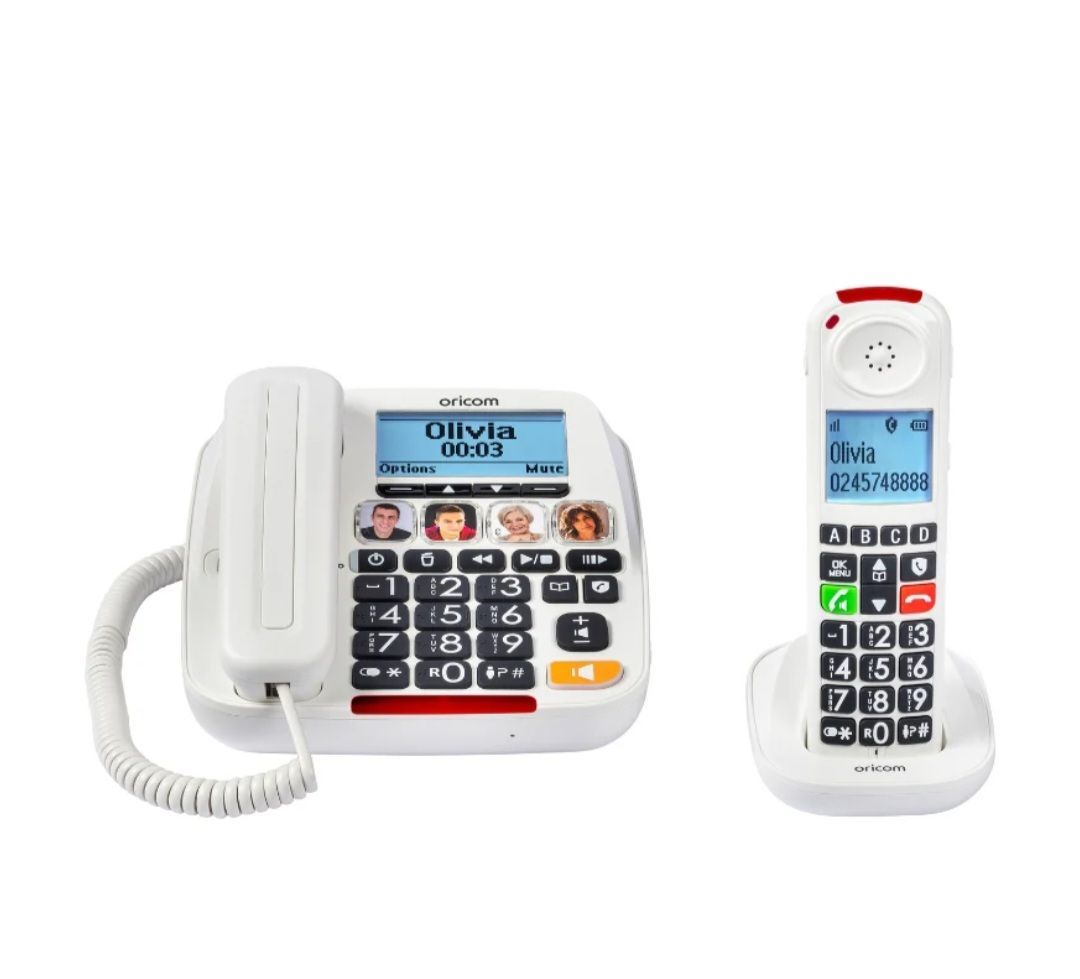 White cordless landline phone with display and keypad next to a matching handheld handset — Local Hearing Aid Specialists in Wallsend, NSW