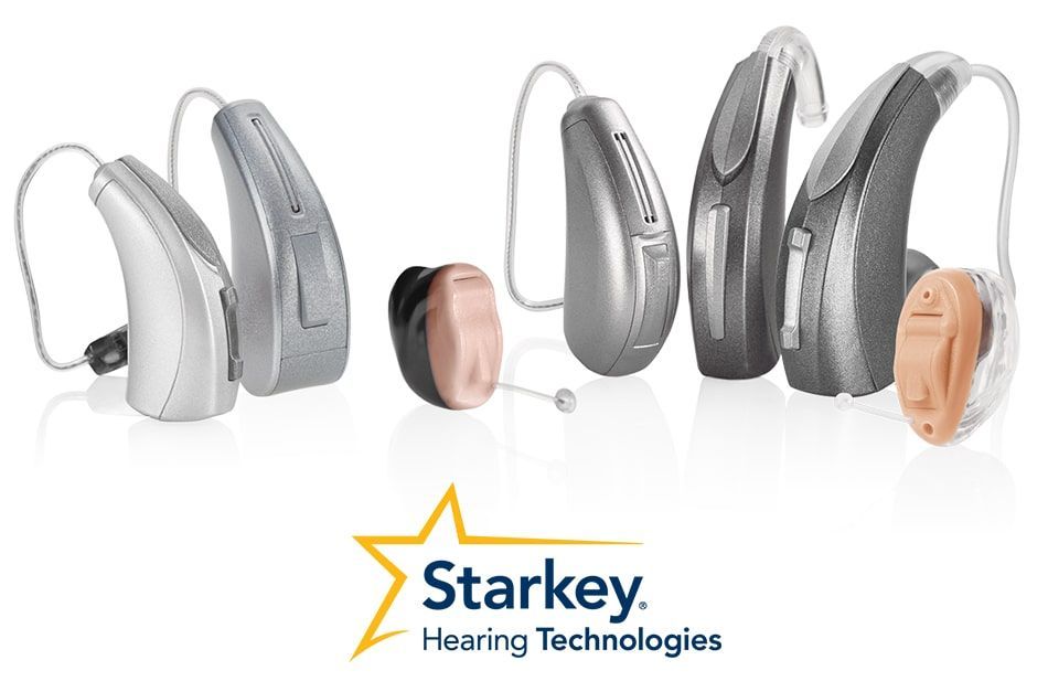 Starkey hearing aids in white, gray, and tan on a white background with Starkey logo