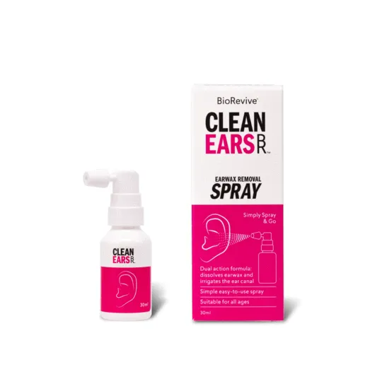 Bottle and Box of Clean Ears Ear Spray in White and Pink Packaging — Local Hearing Aid Specialists in Wallsend, NSW
