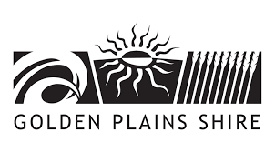 A black and white logo for the golden plains shire.