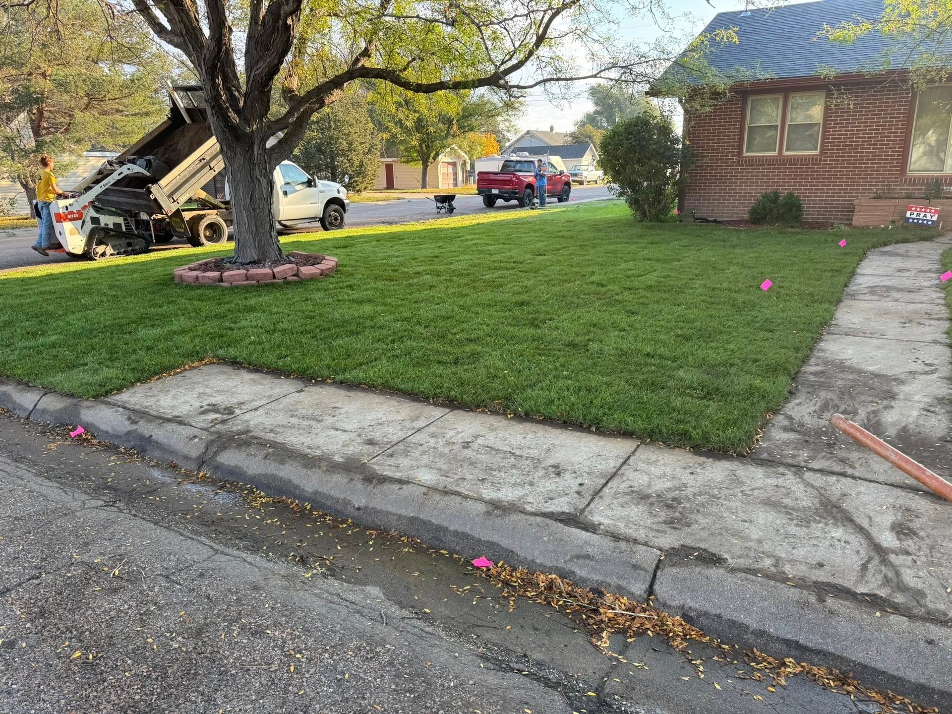 Suburban yard with green grass, large tree, sidewalk, parked truck, and brick house on a quiet street