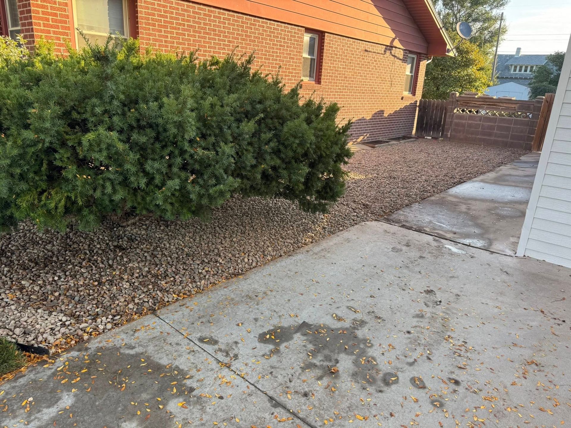 Concrete driveway beside brick house and shrubs, with gravel border and white siding.
