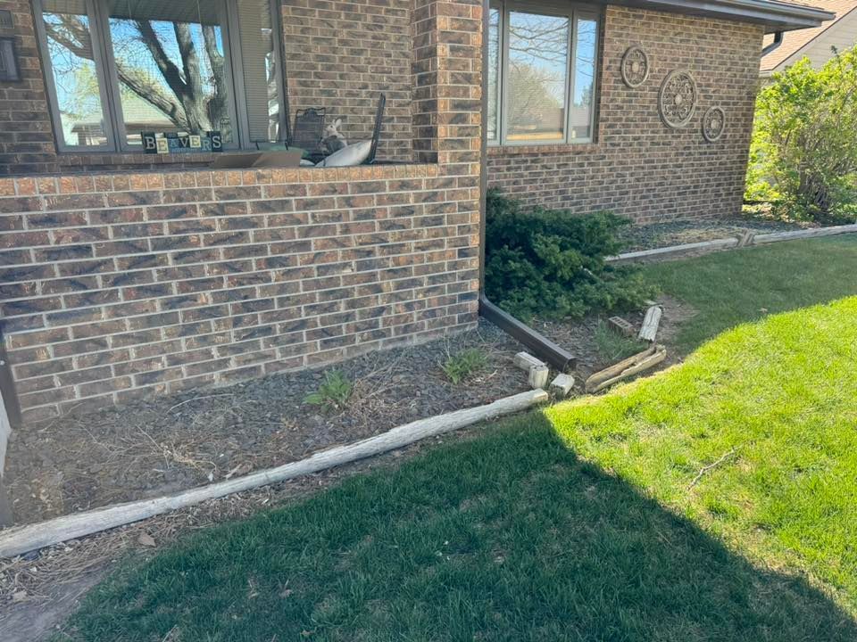 Brick house exterior with windows, foundation bed, and green lawn in sunlight