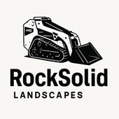 Black-and-white RockSolid Landscapes logo with a skid steer loader icon