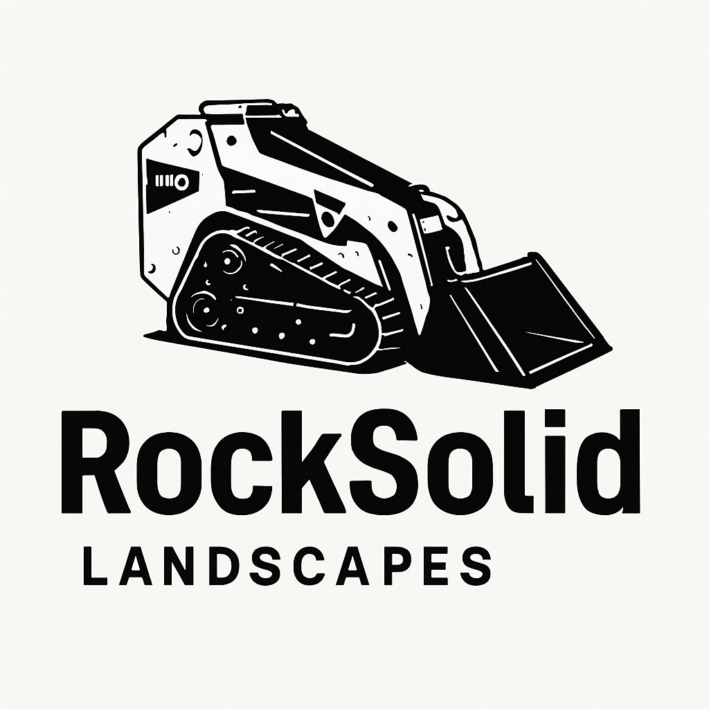 Black-and-white RockSolid Landscapes logo with a skid steer loader icon
