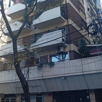Edificio de apartamentos de mediana altura con balcones, ventanas y árboles sin hojas en la fachada.