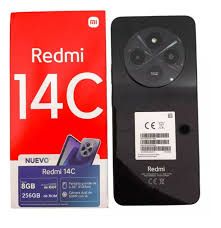 Caja del smartphone Redmi 14C y parte trasera del teléfono negra con módulo de cámara circular sobre fondo blanco.