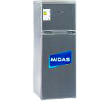 Frigorífico-congelador Midas gris con compartimento superior y logotipo azul en la parte frontal.