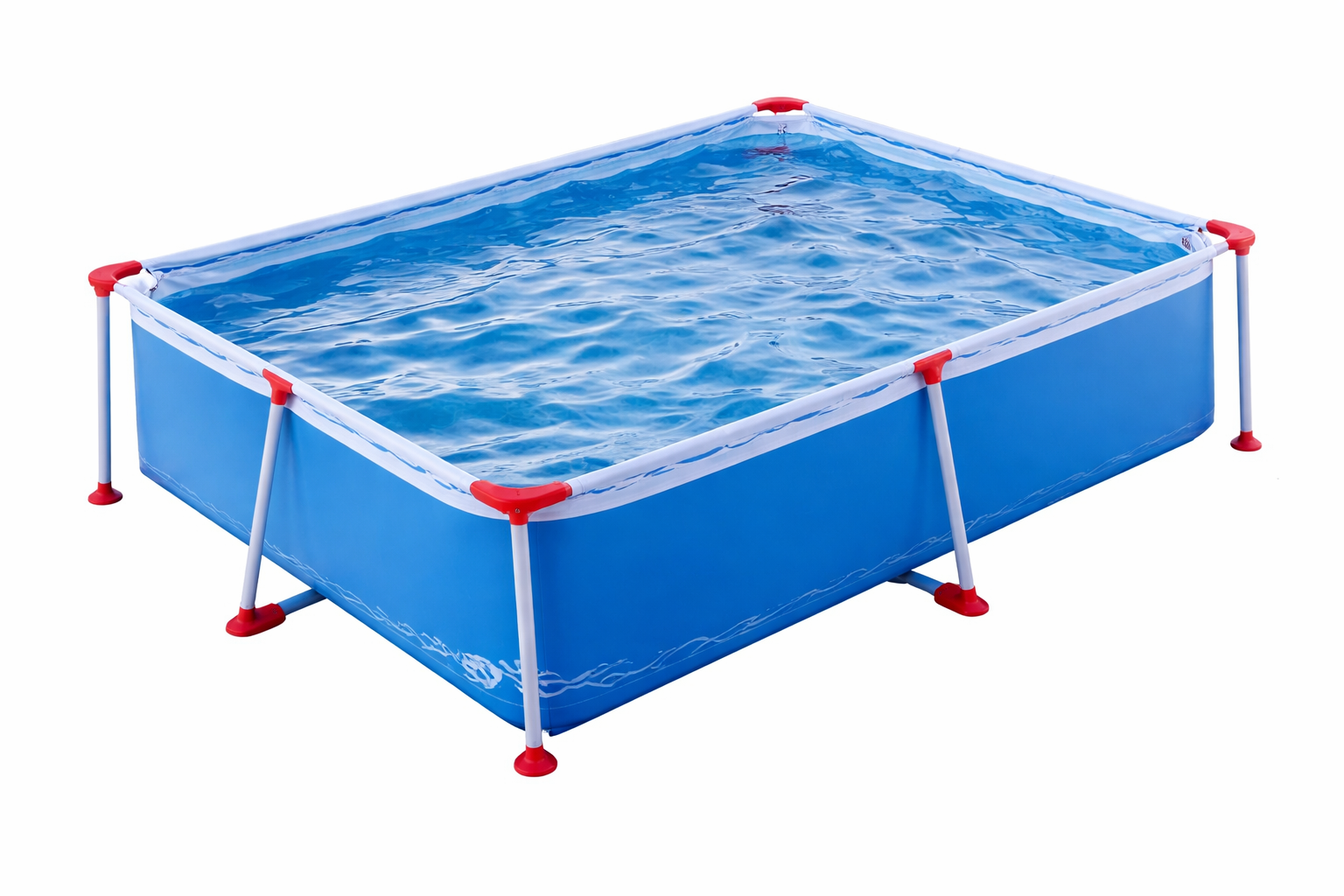 Piscina elevada azul con patas de soporte blancas y tapas rojas en las esquinas, llena de agua.