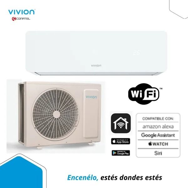 Anuncio del aire acondicionado split Vivion con unidad de pared, unidad exterior, Wi-Fi e iconos de compatibilidad con el hogar inteligente.