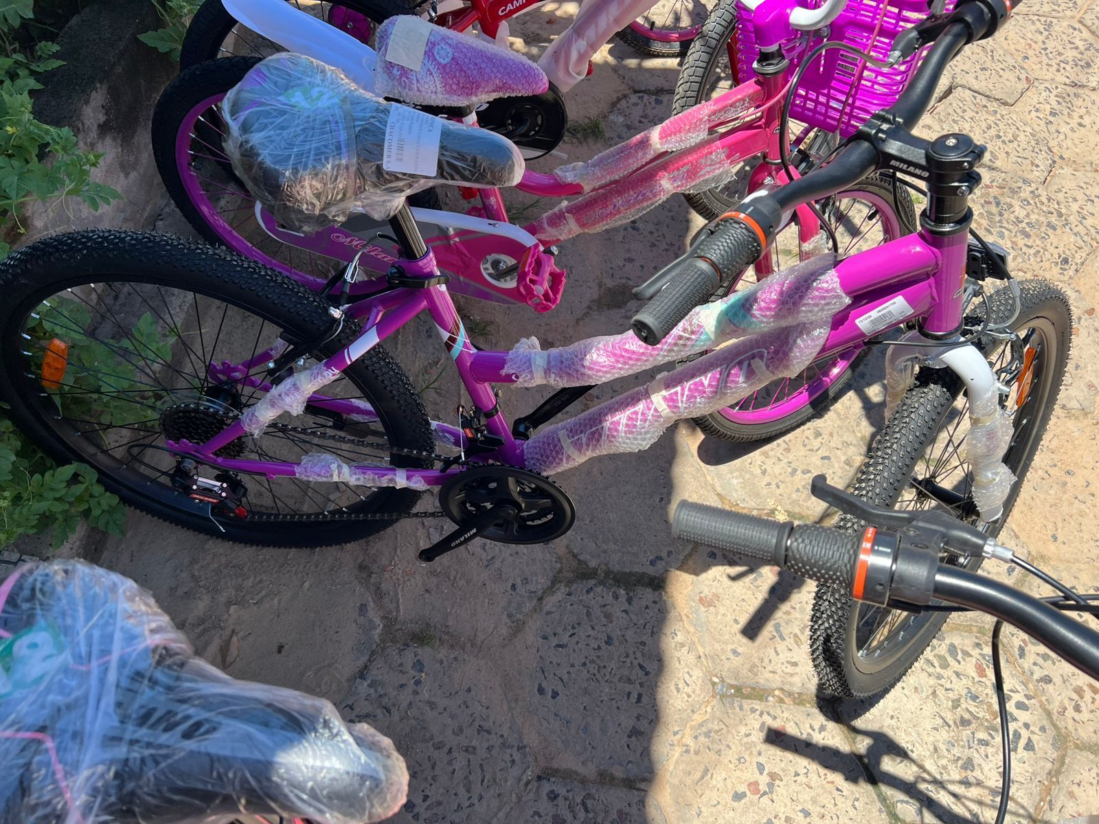 Varias bicicletas infantiles de color rosa y morado estaban aparcadas al aire libre sobre grava.