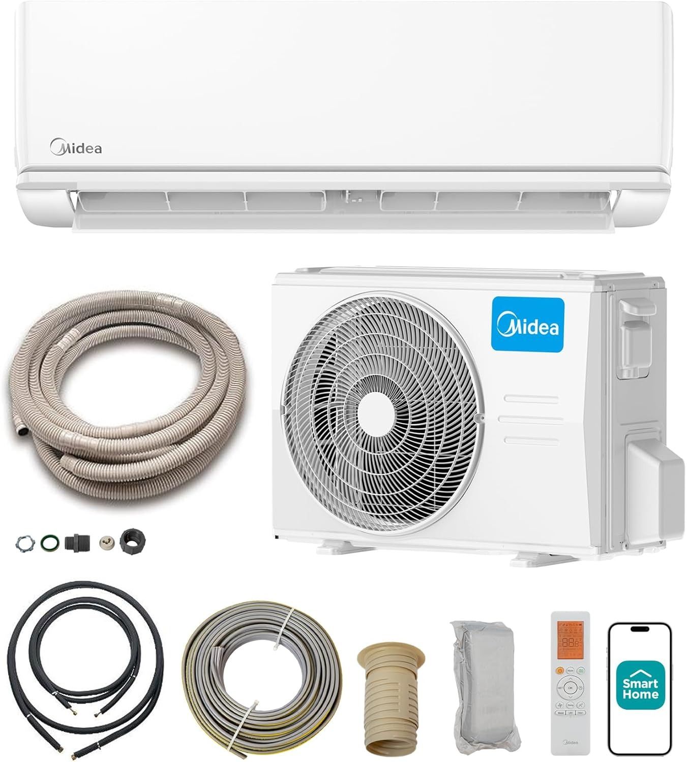 Unidad de aire acondicionado mural Midea con condensador exterior, tubería de cobre, control remoto y accesorios de instalación.