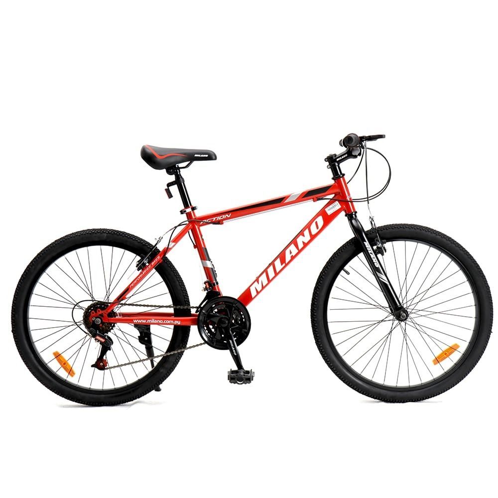 Bicicleta de montaña roja y negra con suspensión delantera, vista lateral sobre fondo blanco.