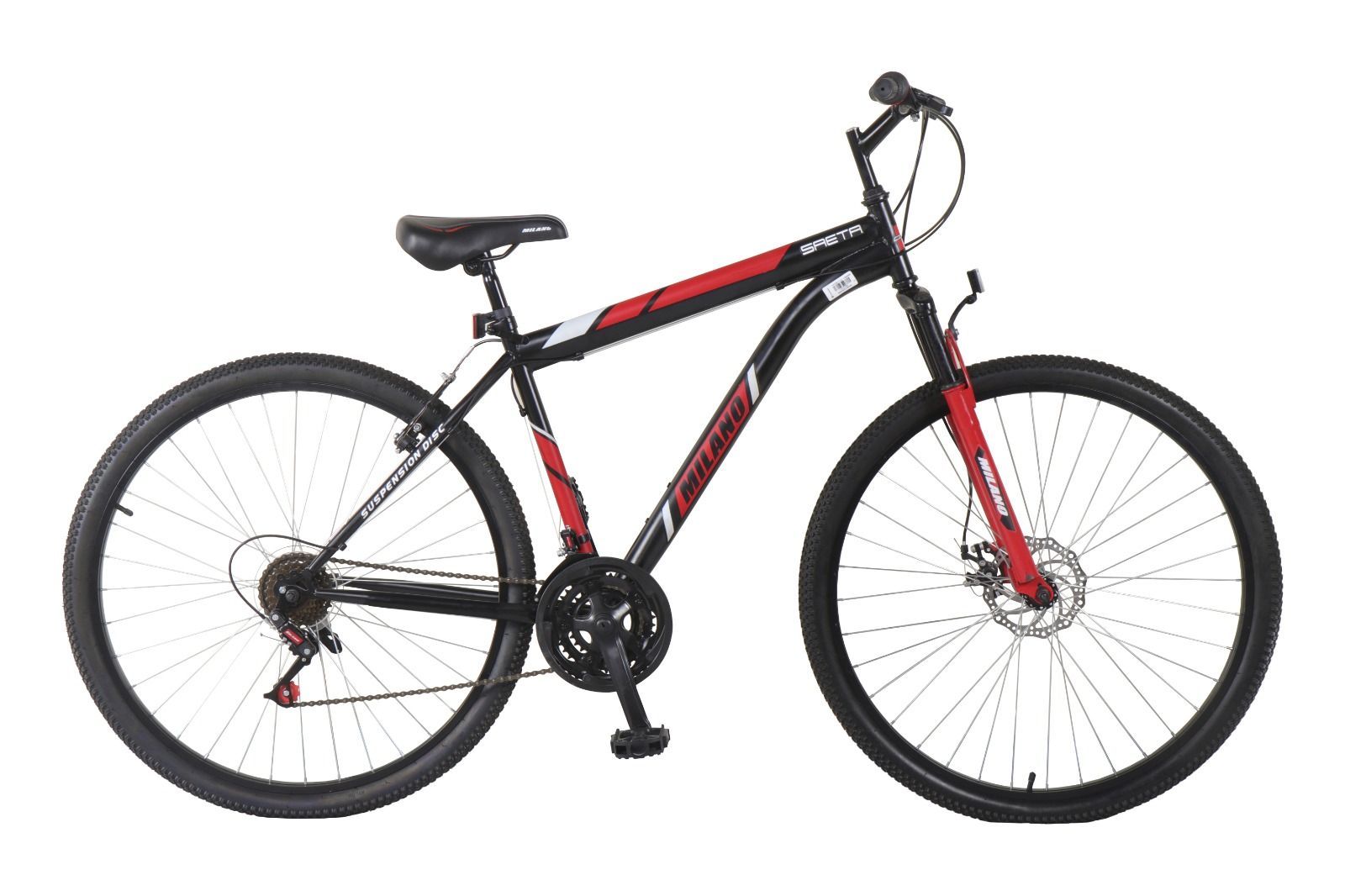 Bicicleta de montaña negra y roja sobre un fondo blanco