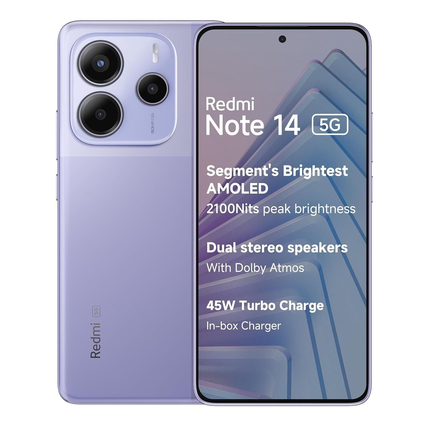 Smartphone Redmi Note 14 5G en color lavanda, vista frontal y trasera con texto de las características del producto en pantalla.