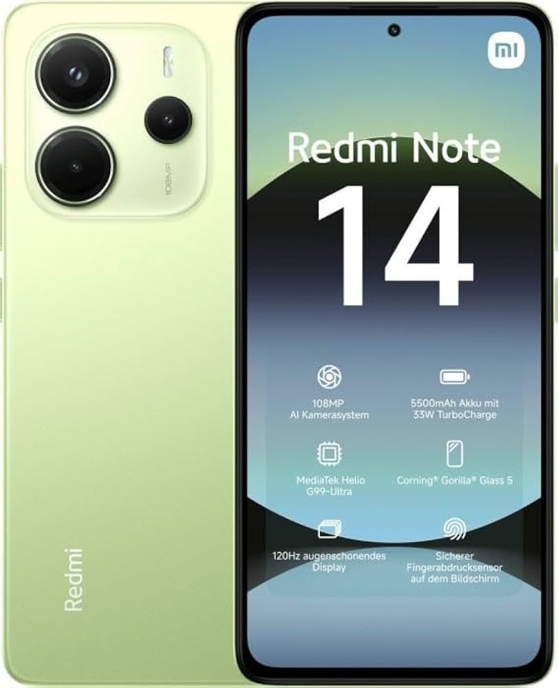 El smartphone Redmi Note 14 se muestra por delante y por detrás en color verde claro, con un gran módulo de cámara y especificaciones de pantalla.