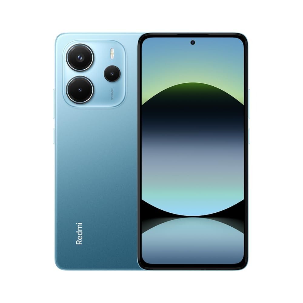 El smartphone Redmi Note 14 se muestra por delante y por detrás en color verde claro, con un gran módulo de cámara y especificaciones de pantalla.