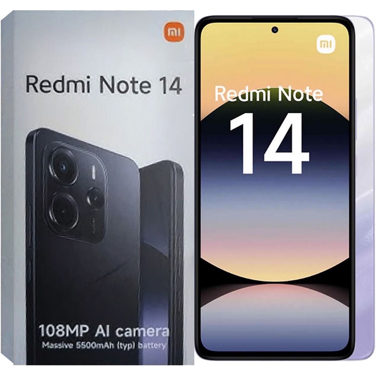 Caja del smartphone Redmi Note 14 y pantalla del teléfono sobre un fondo blanco.