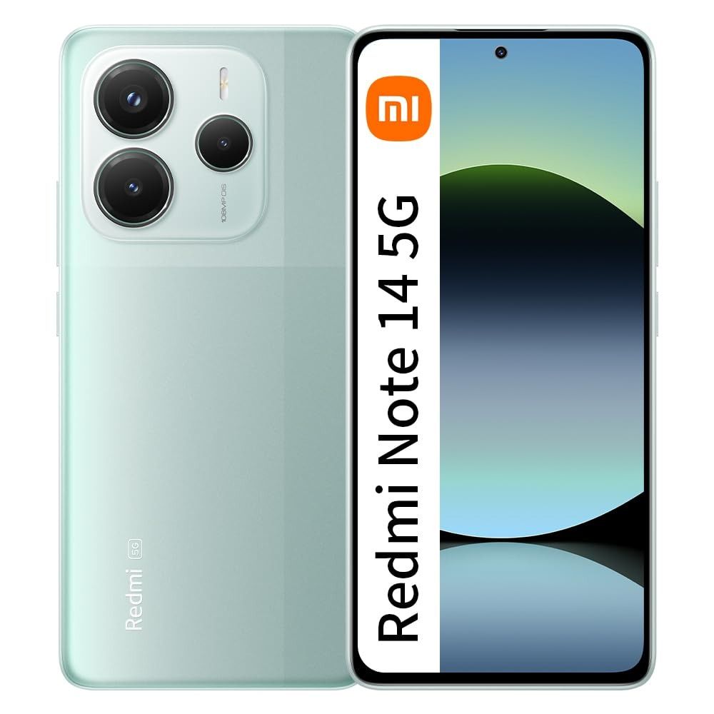 Smartphone Redmi verde menta mostrado por delante y por detrás con triple cámara trasera
