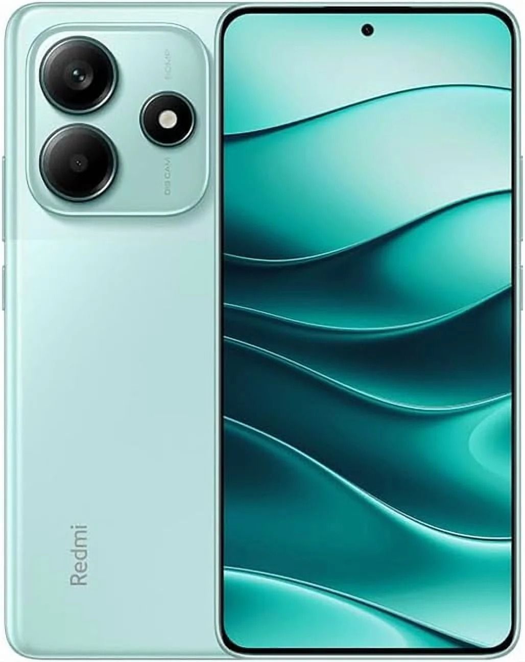 Smartphone Redmi verde menta mostrado por delante y por detrás con triple cámara trasera